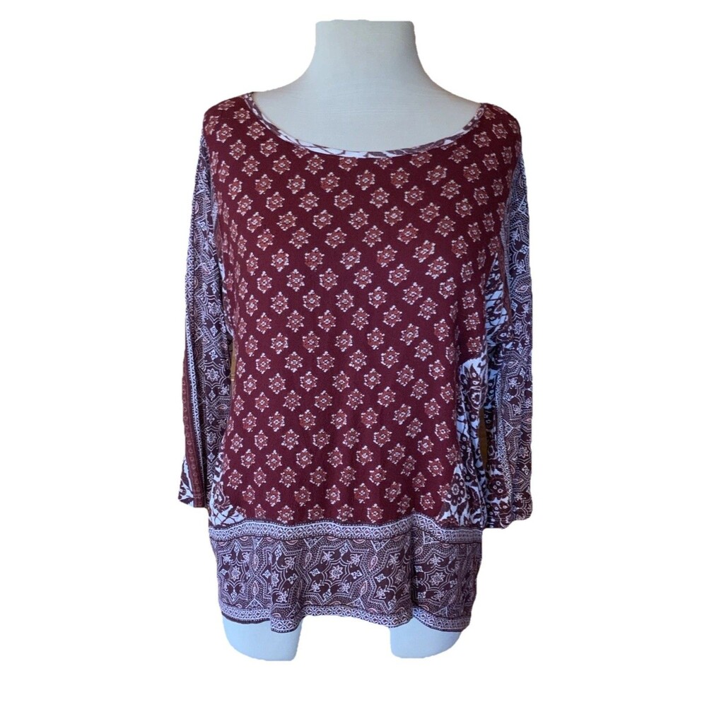 Lucky Brand Burgundy Mixed Print Soft Knit Top Blouse Women’s Large Boho Comfort